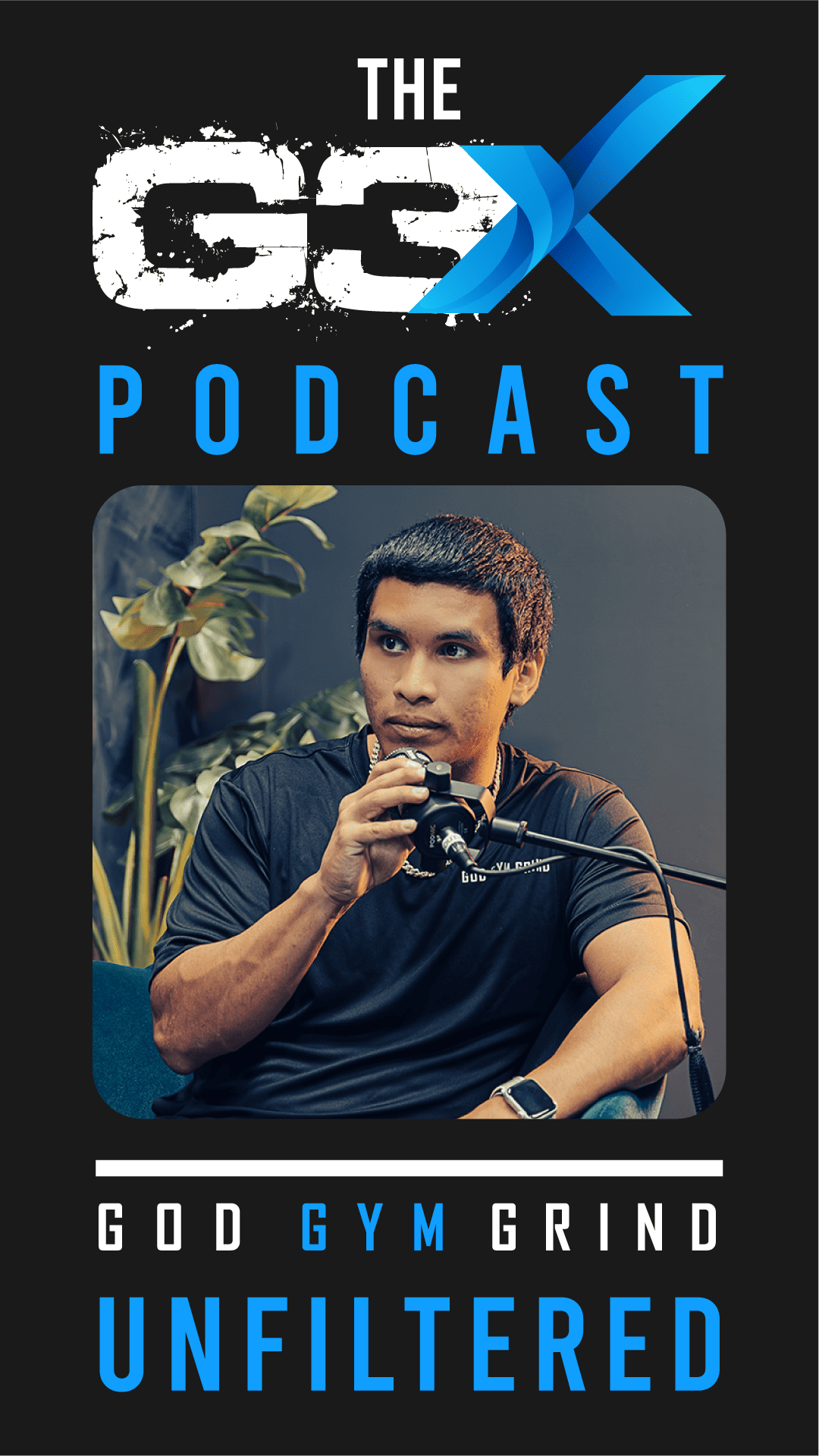 Promotional graphic for The G3X Podcast featuring a person holding a microphone with text 'God Gym Grind Unfiltered' on a black background.