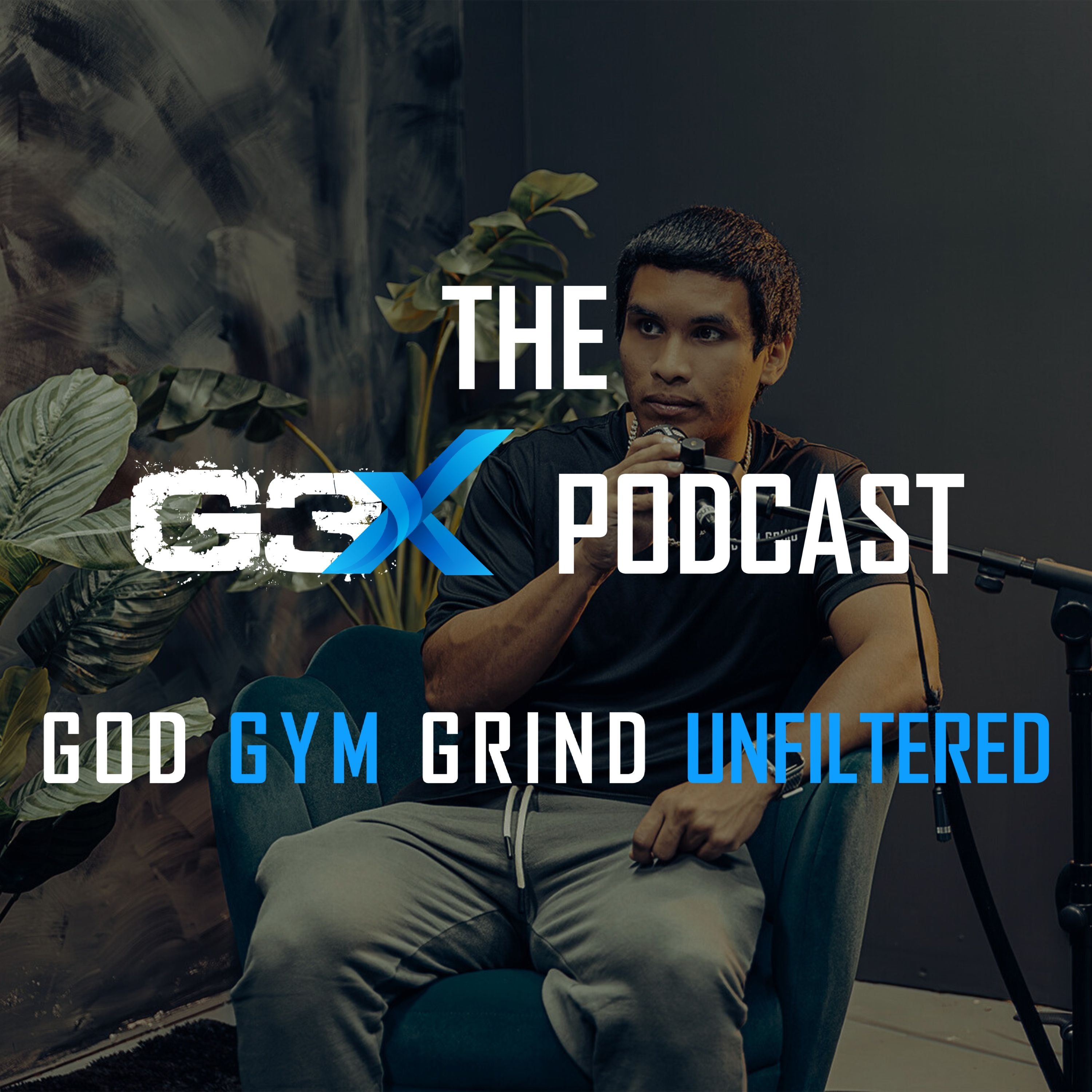 Man sitting in a chair with 'The G3X Podcast' branding and text overlay.