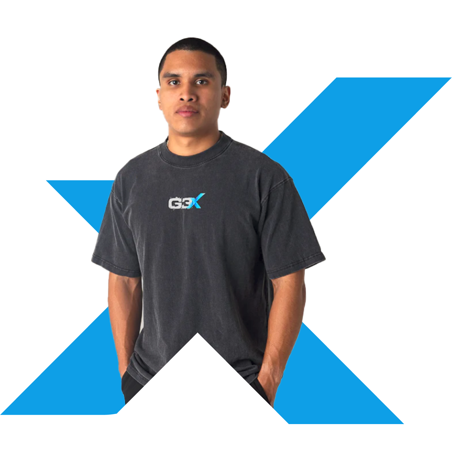 Adriel Founder of G3X Fitness wearing a black t-shirt with a G3X logo on a blue and white geometric background
