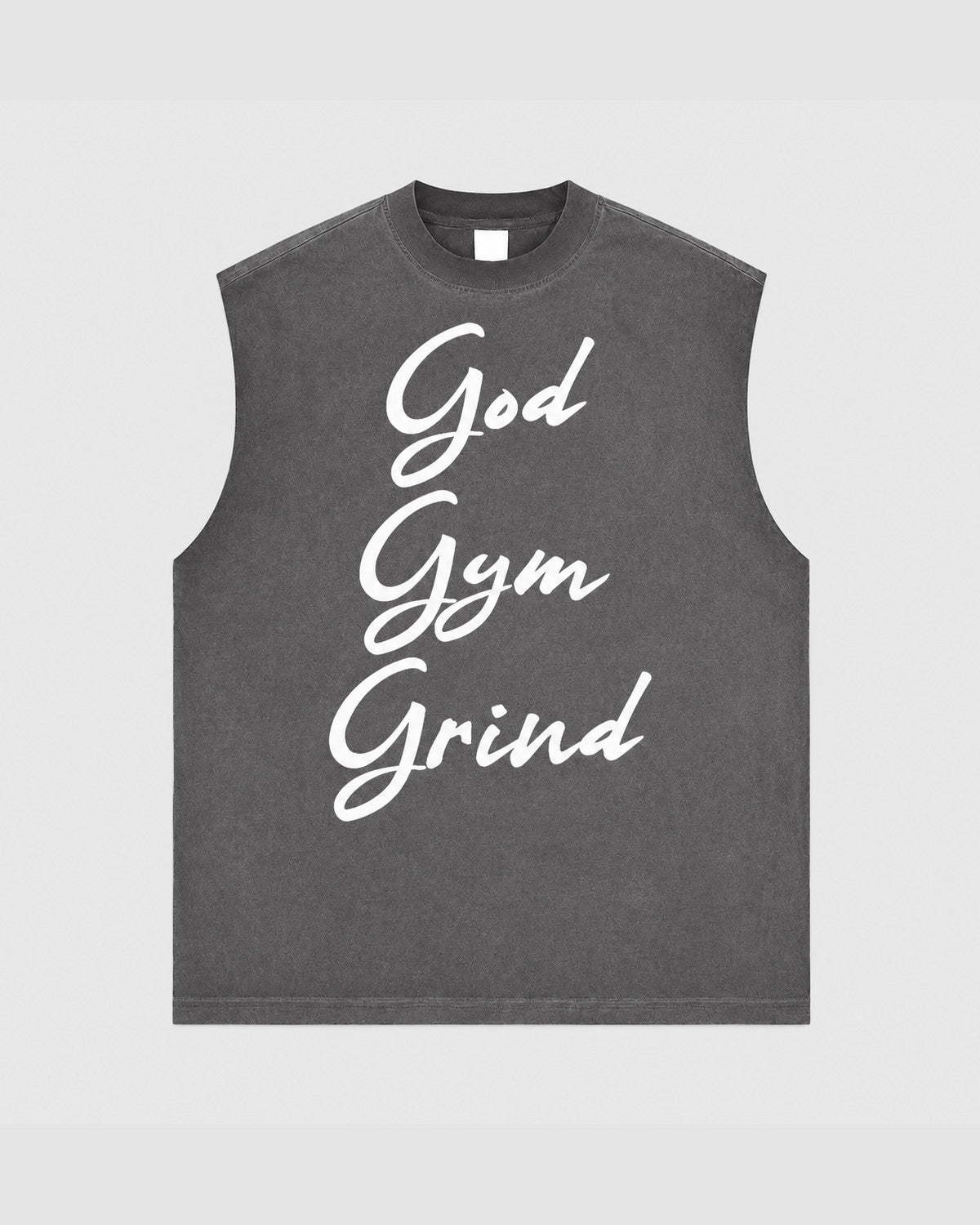 Gray sleeveless shirt with 'God Gym Grind' text on a gray background