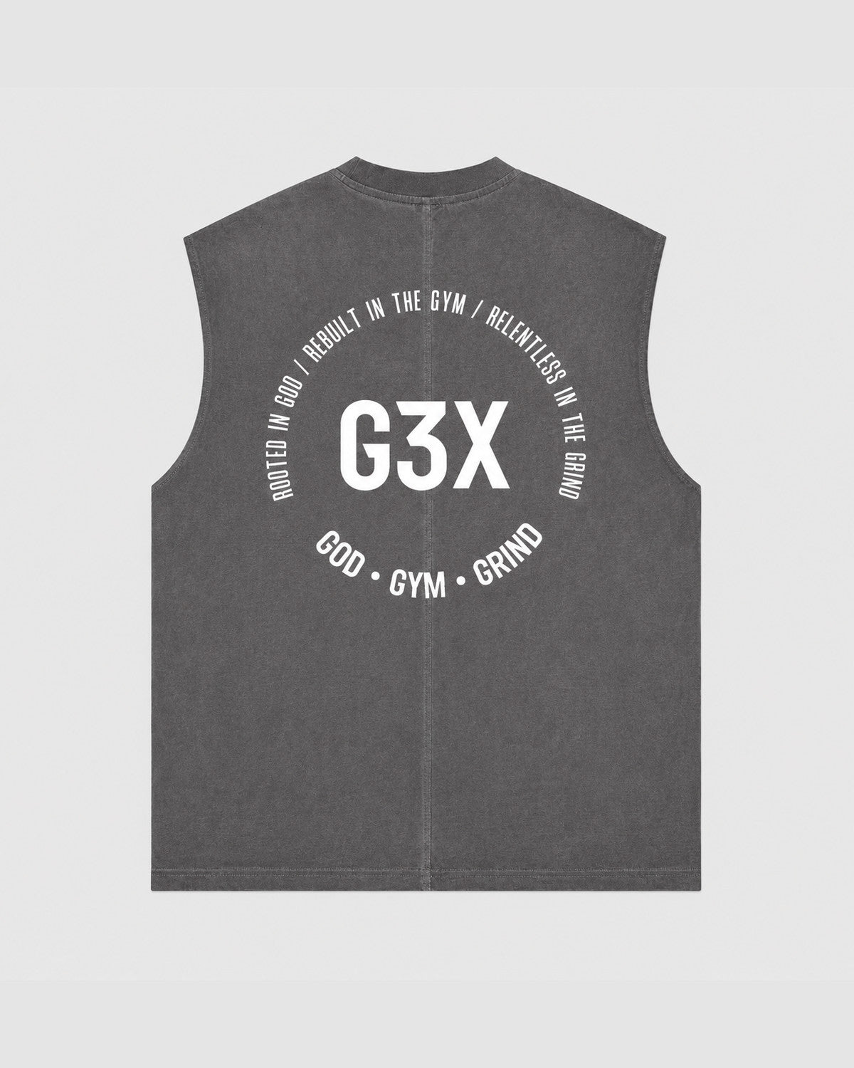 Gray sleeveless shirt with 'G3X' logo on a gray background