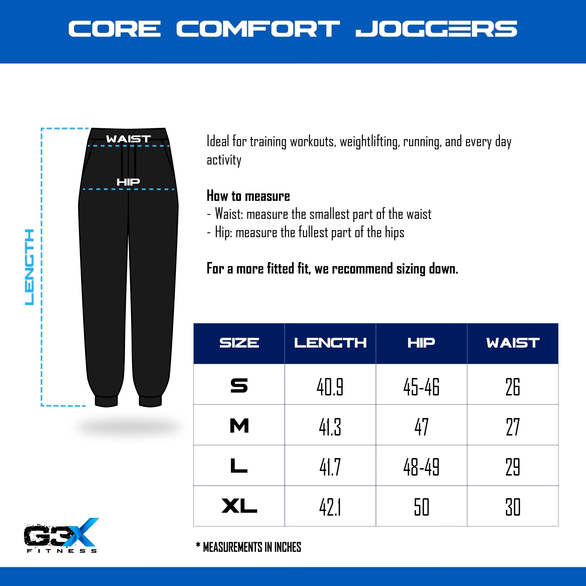 size chart core comfort joggers