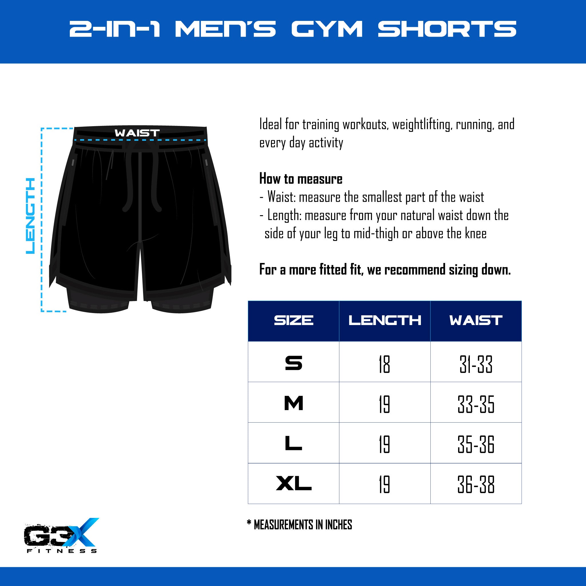 G3X Fitness 2-in-1 Men's Gym Shorts size chart with black shorts on a white background