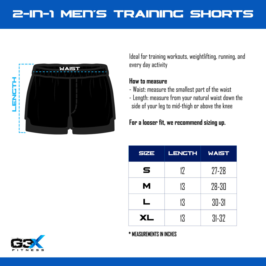 Measurement guide for men's training shorts with size chart and G3X Fitness logo.