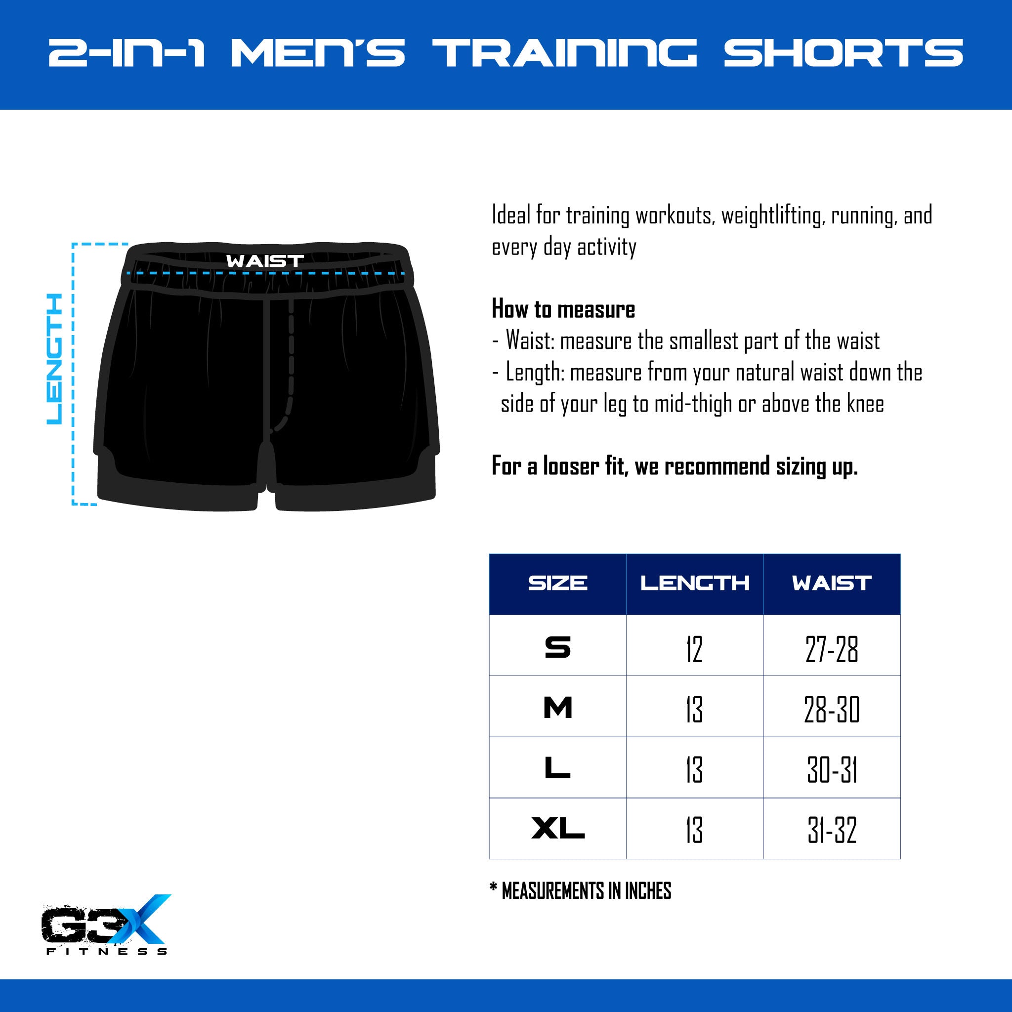 Measurement guide for men's training shorts with size chart and G3X Fitness logo.
