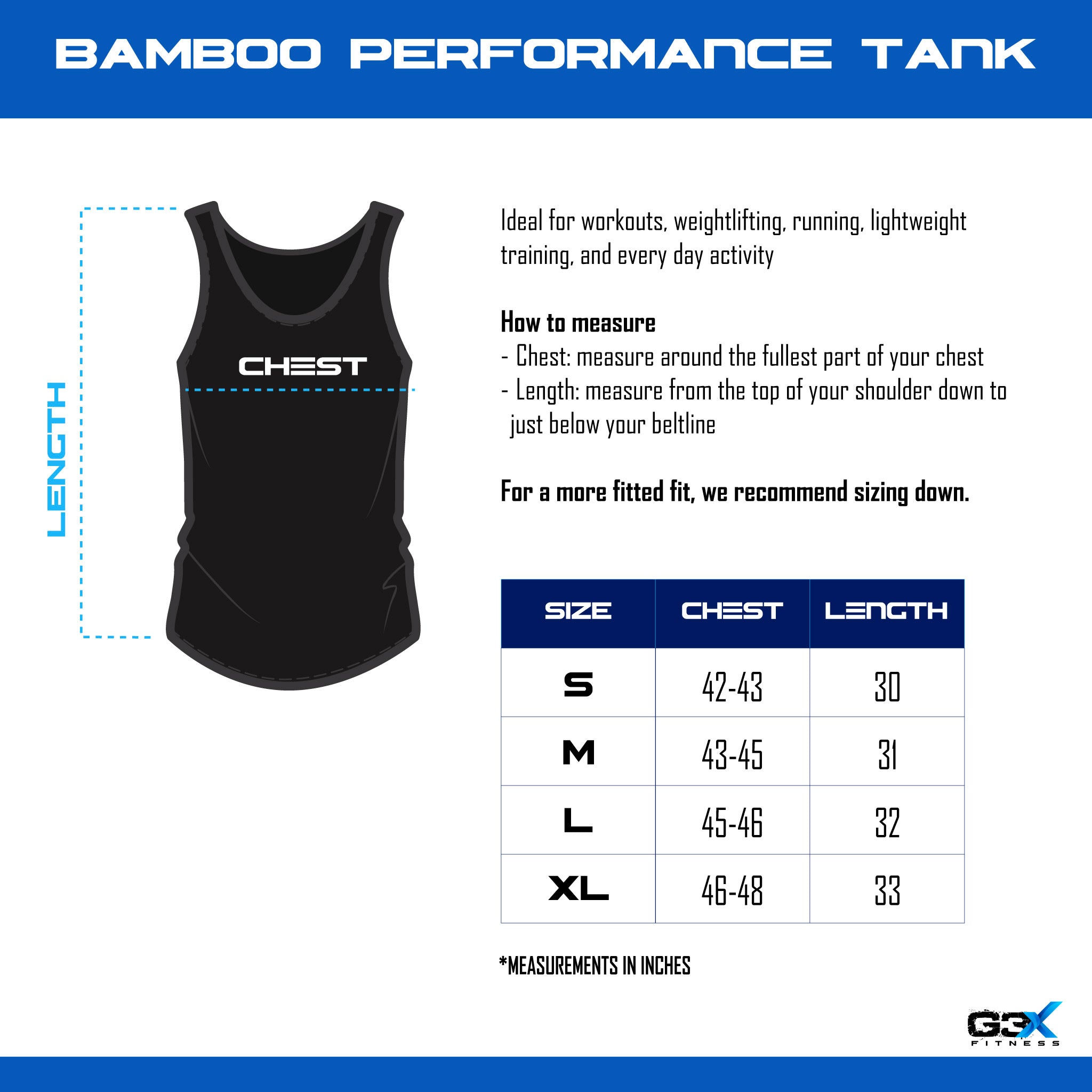 Black tank top with size chart and measurement guide on a white background
