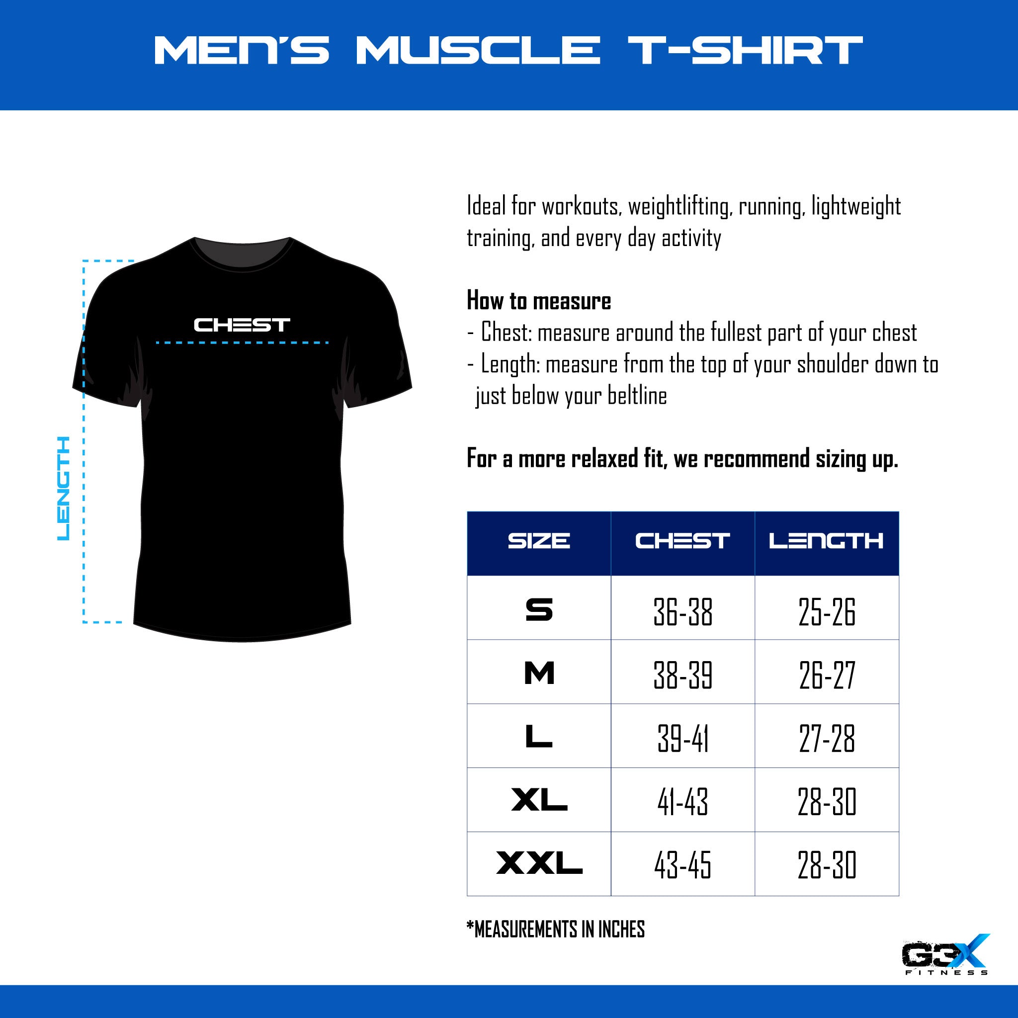 Men's muscle t-shirt size chart with G3X Fitness logo