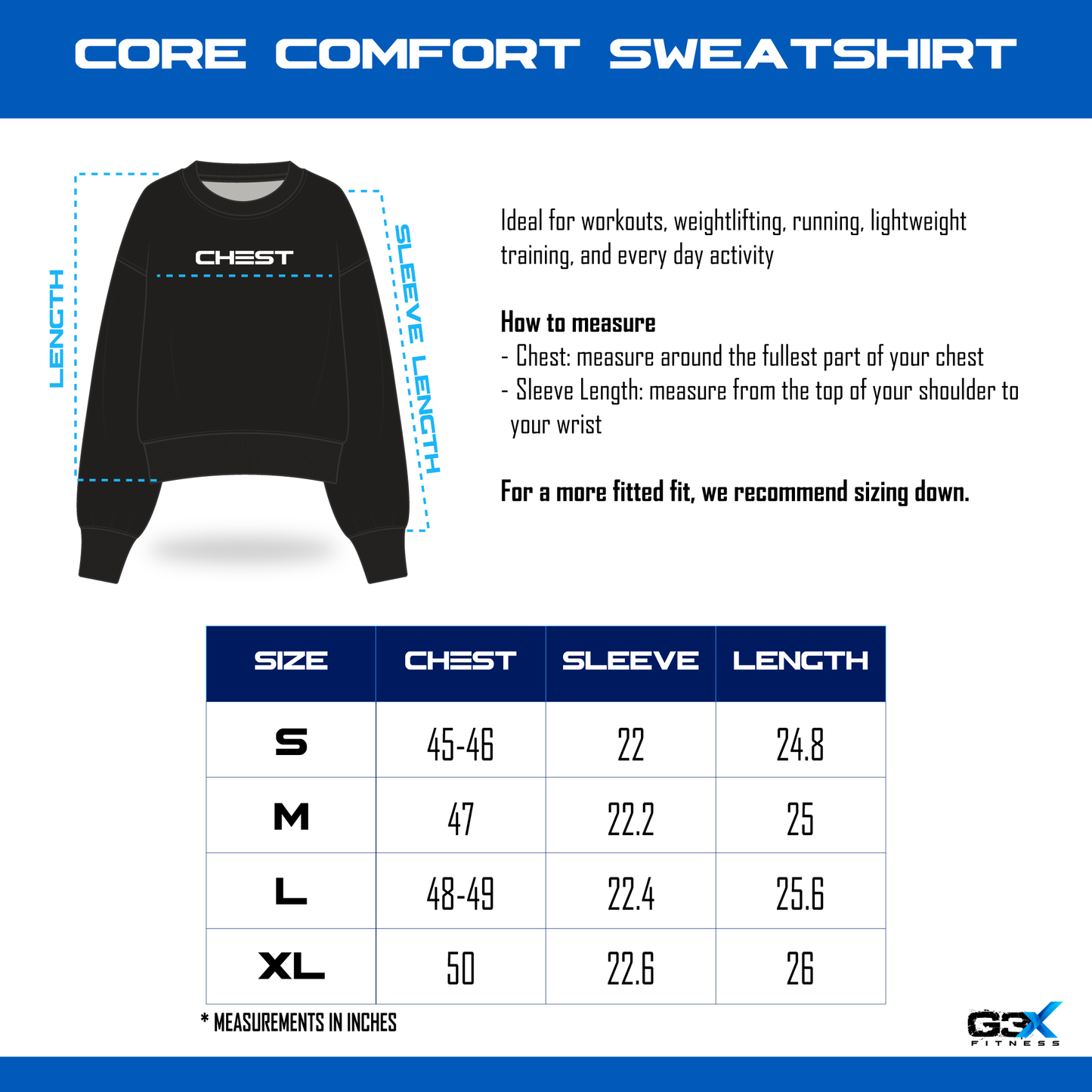 size chart core comfort sweatshirt