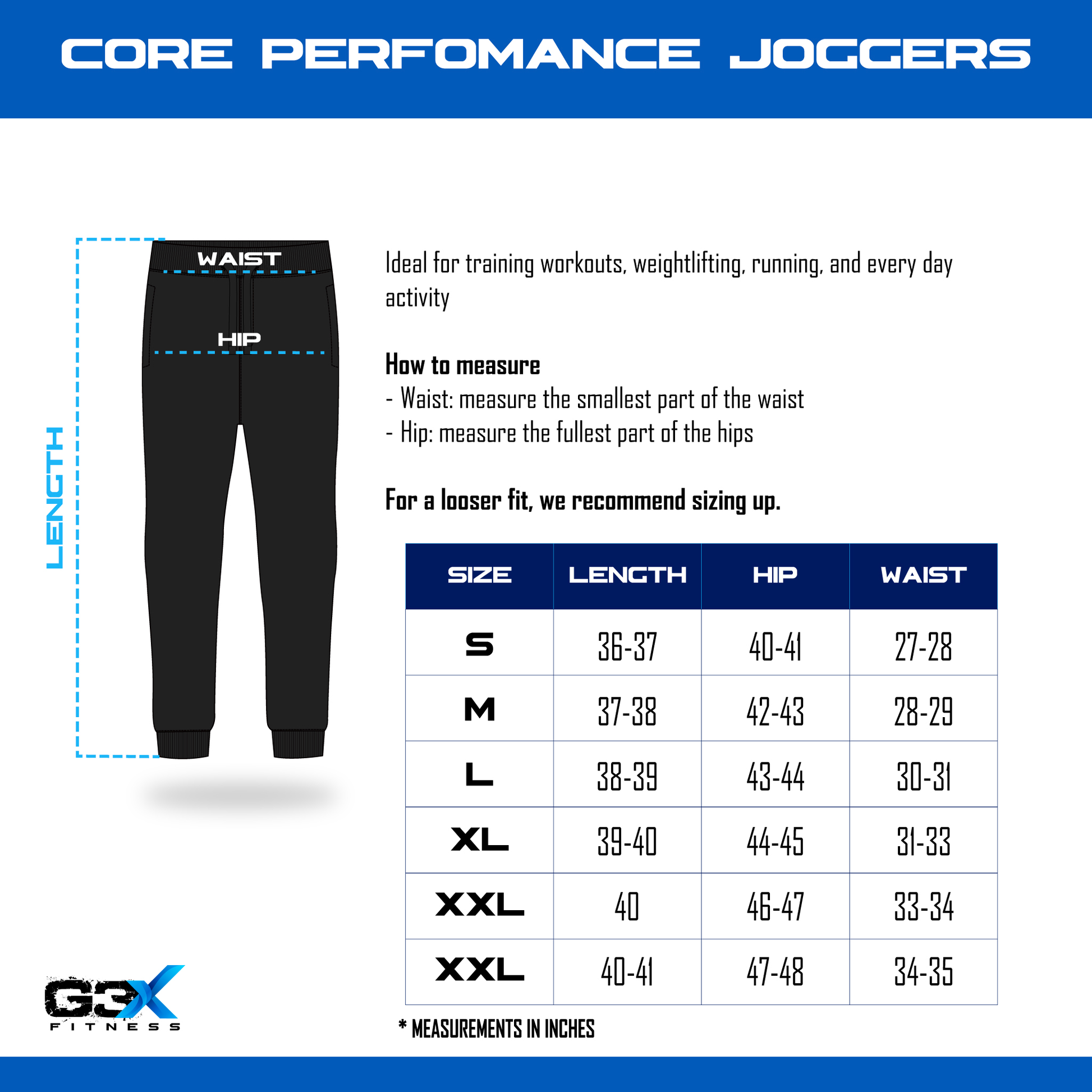 size chart core performance joggers