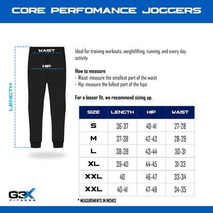 size chart core performance joggers