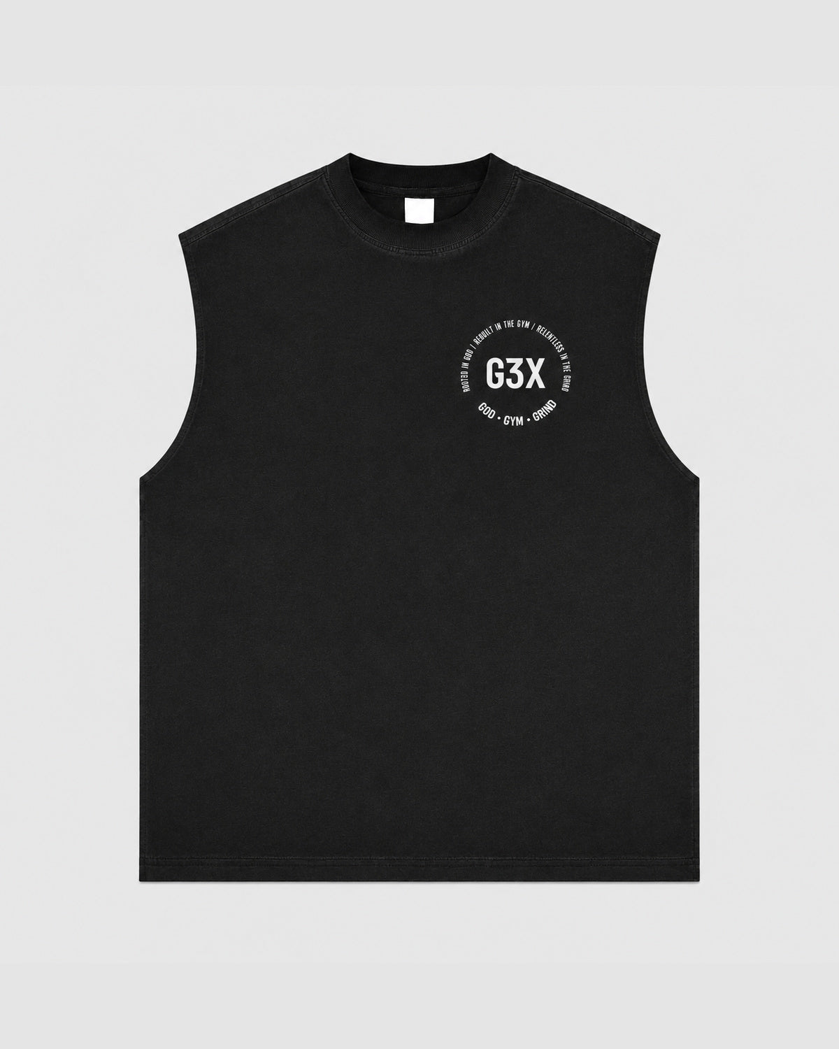 Black sleeveless shirt with G3X logo on a light gray background