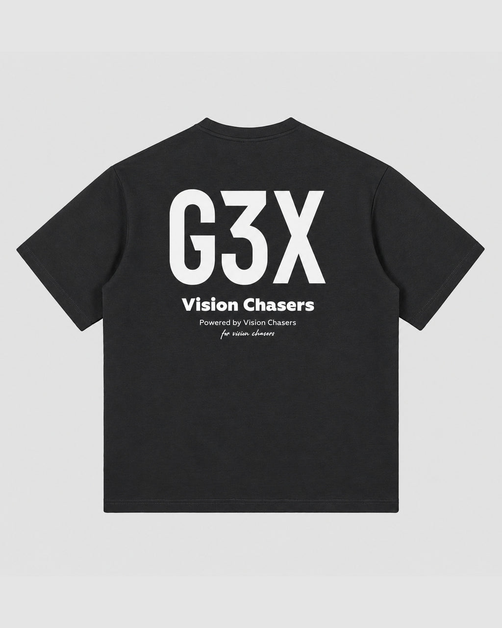 Black t-shirt with 'G3X Vision Chasers' text on a background