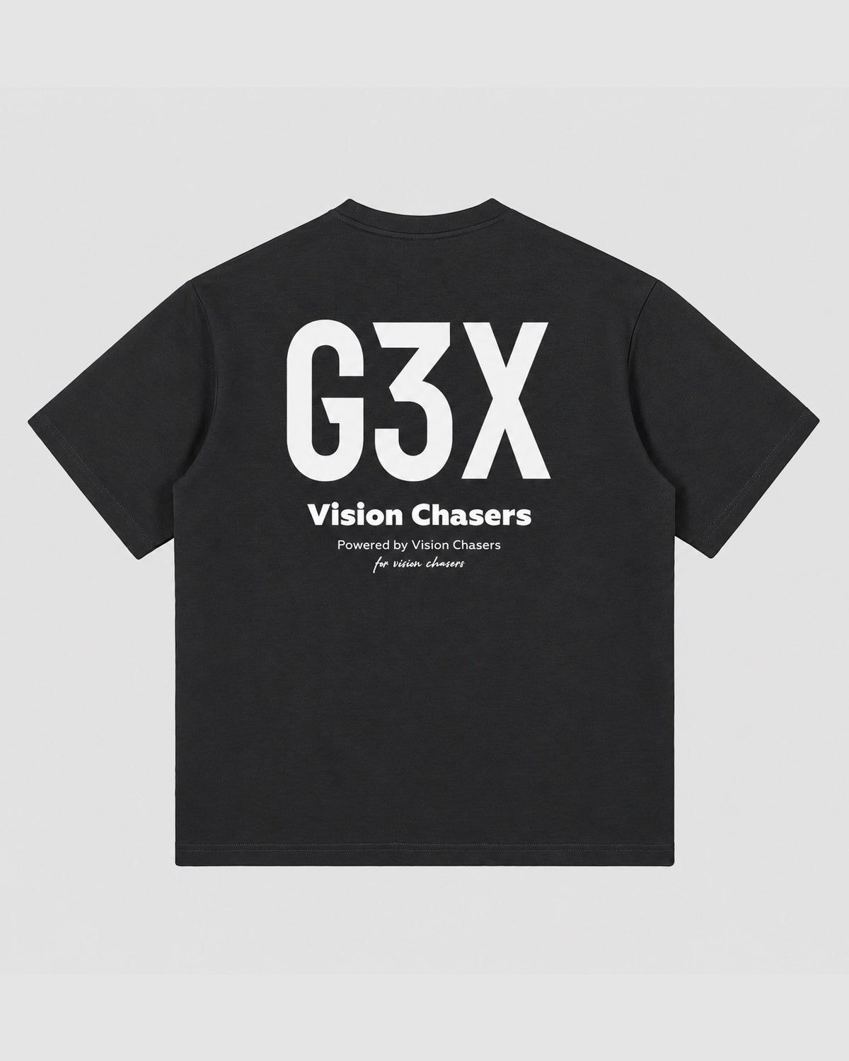Black t-shirt with 'G3X Vision Chasers' text on a background