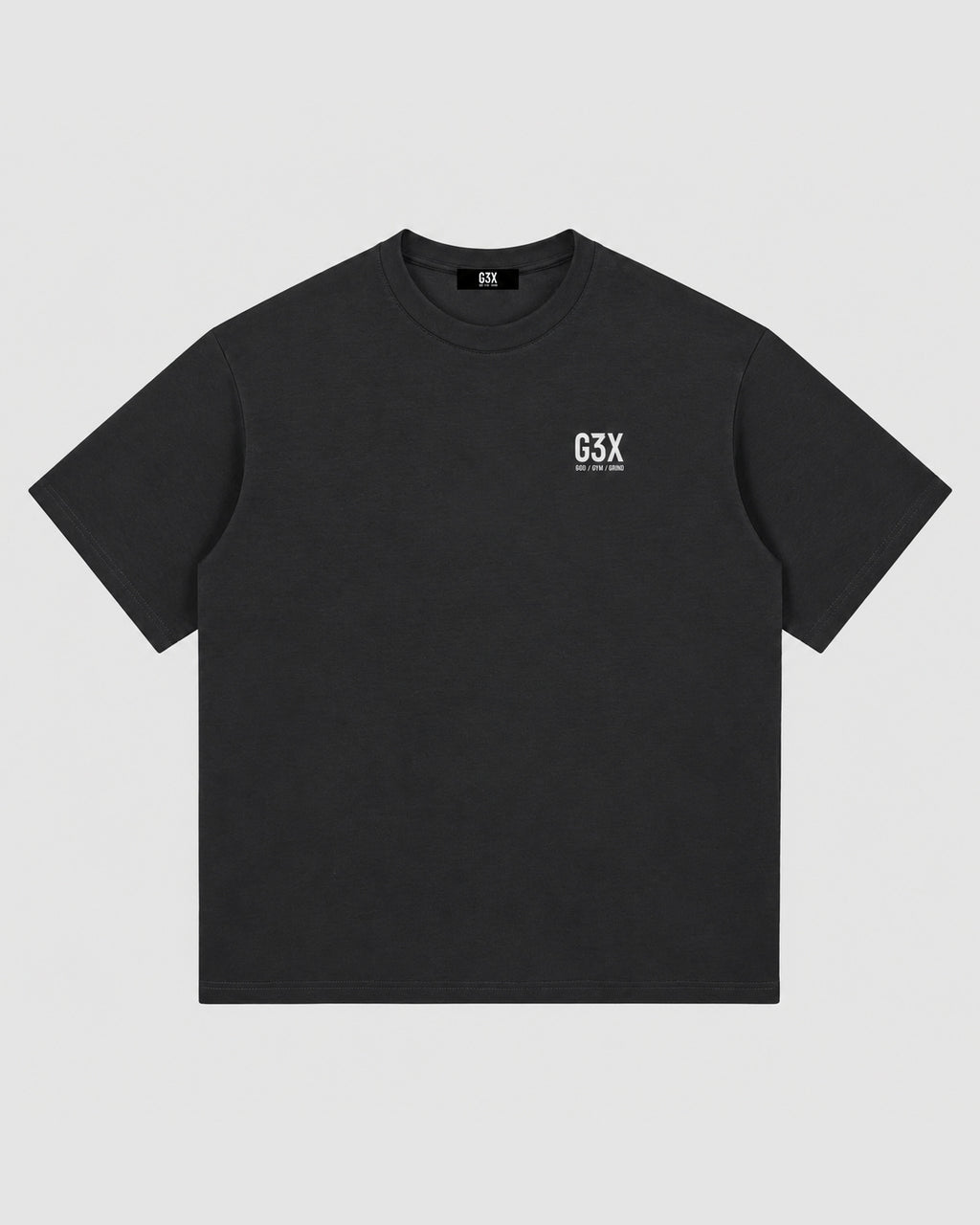 Black t-shirt with 'G3X' logo on a background
