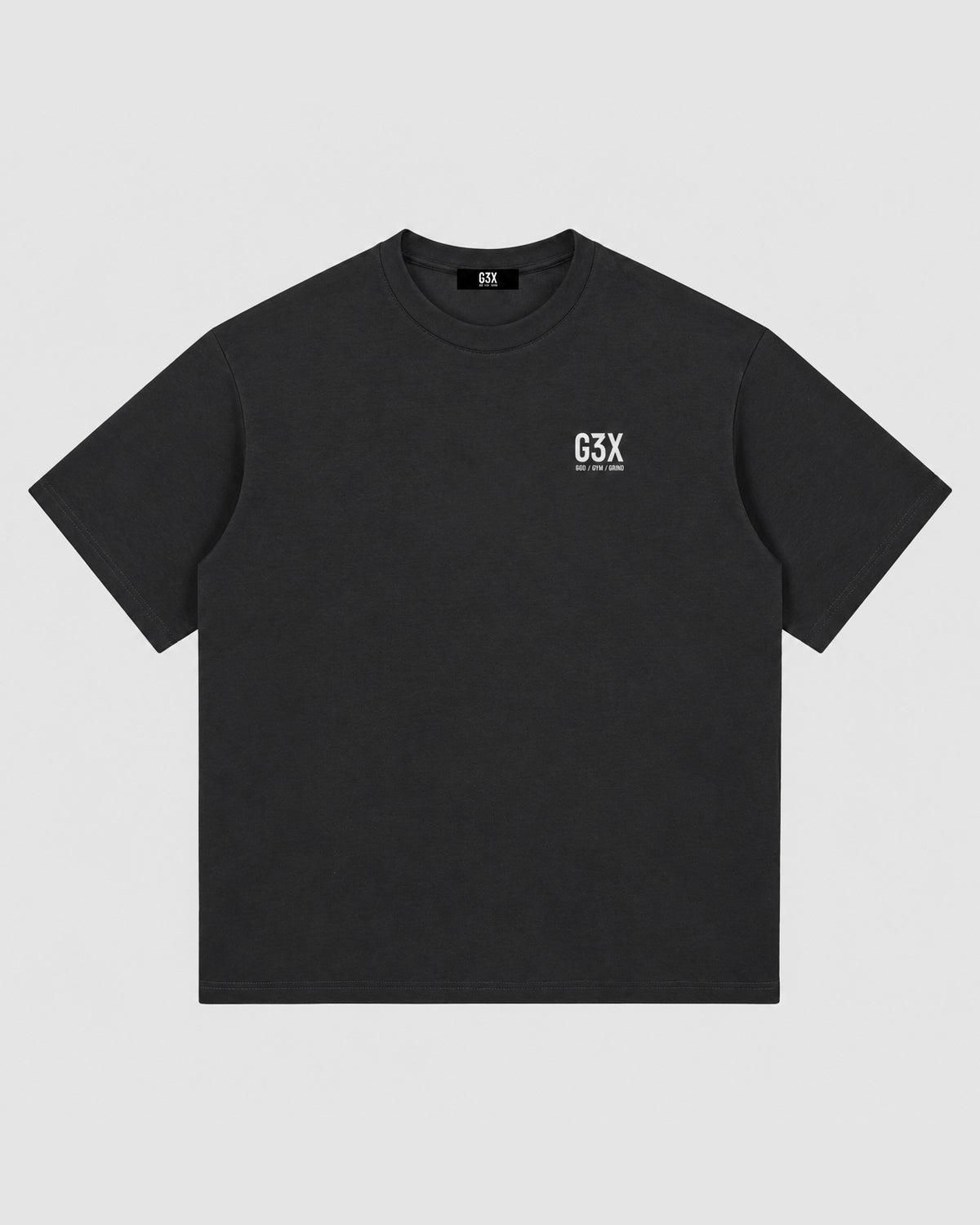 Black t-shirt with 'G3X' logo on a background