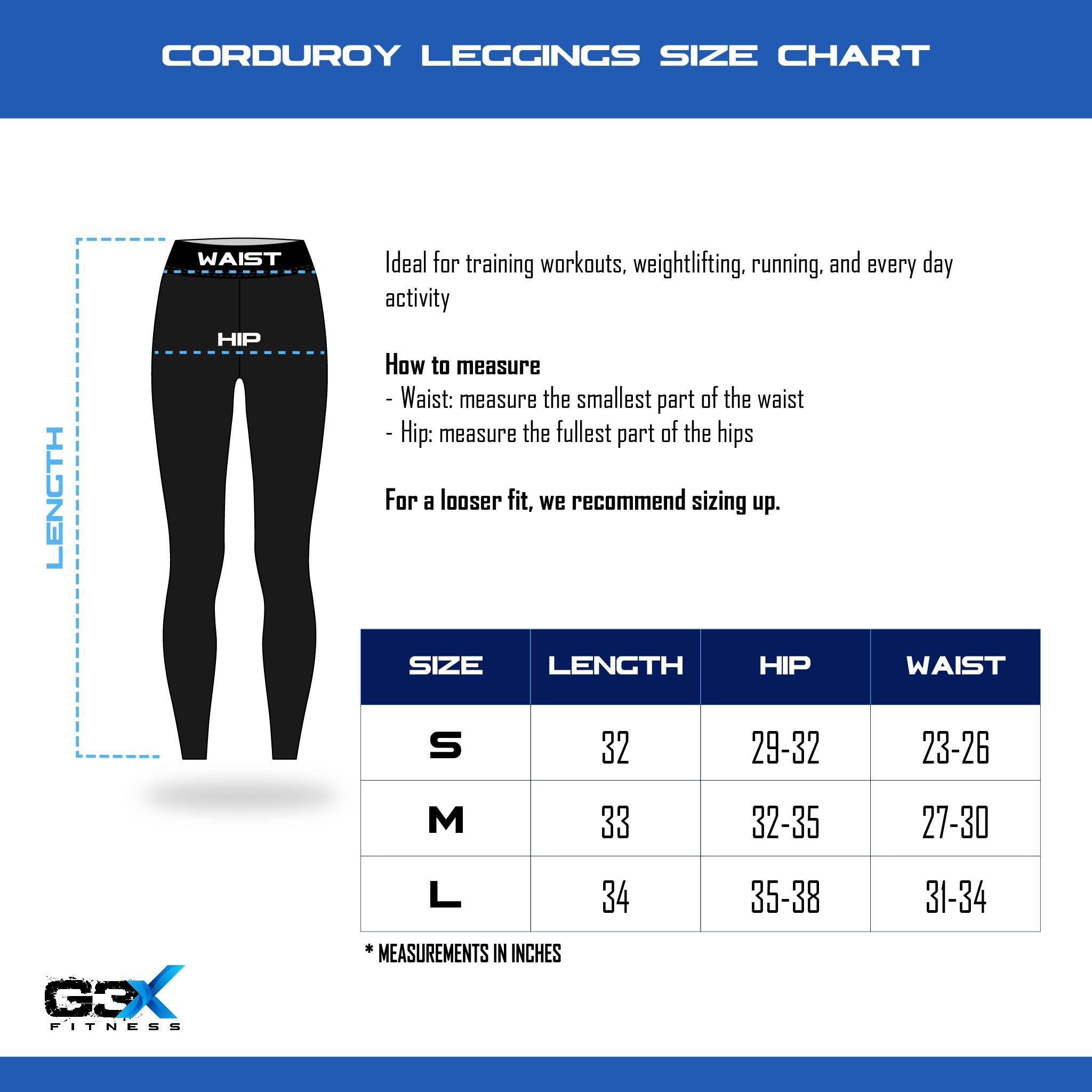size chart corduroy leggings
