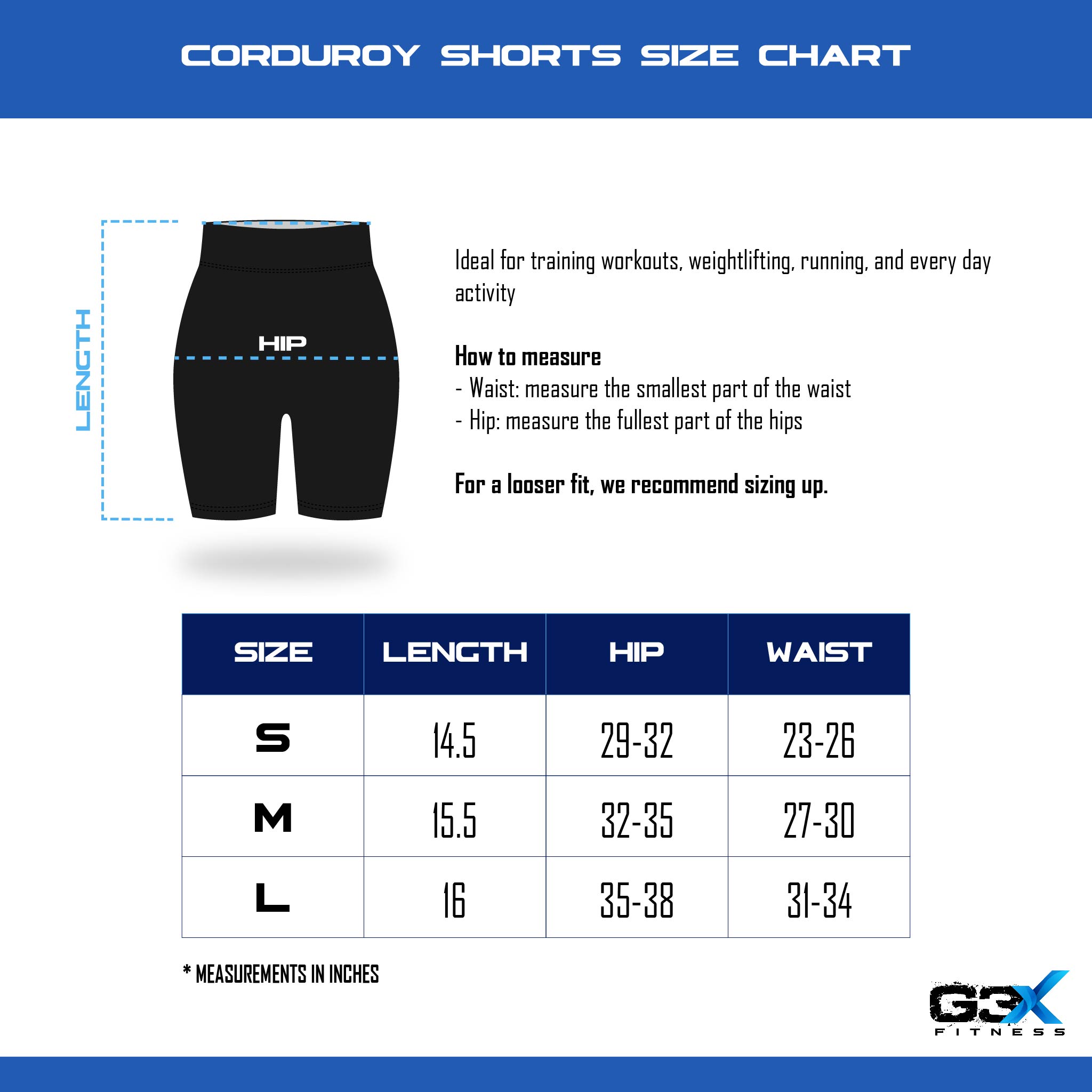 size chart corduroy shorts