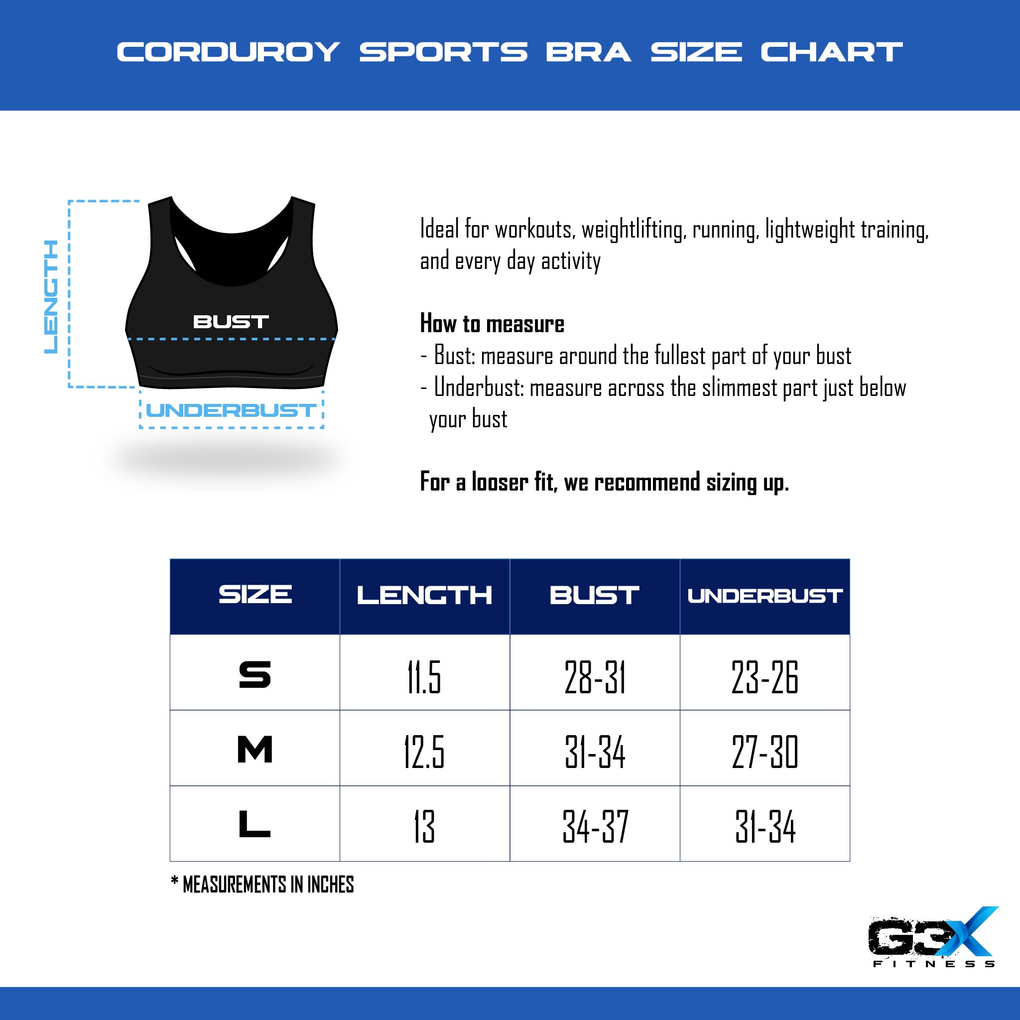 size chart corduroy sports bra
