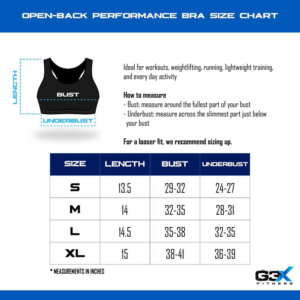 size chart open back performance bra
