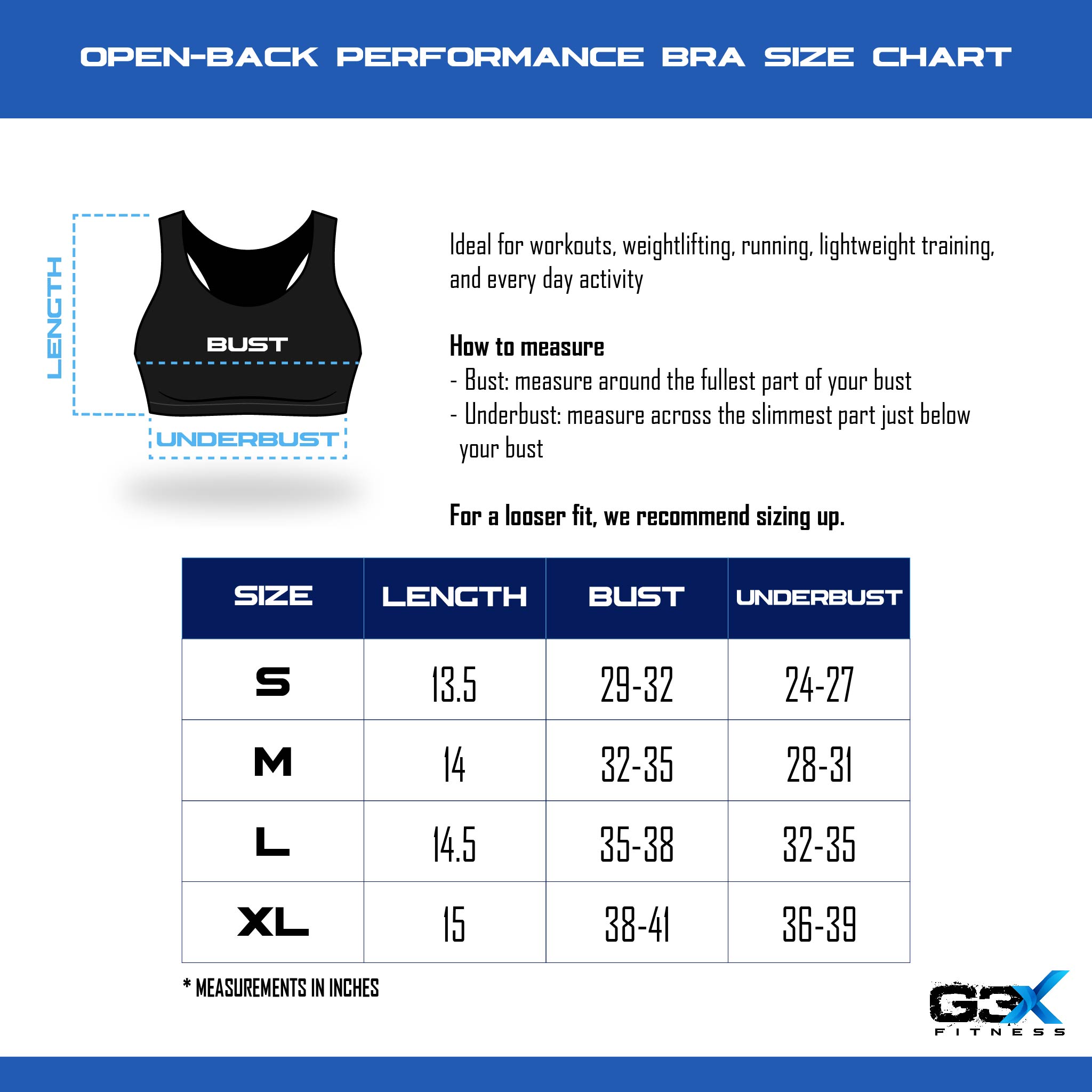 size chart open back performance bra