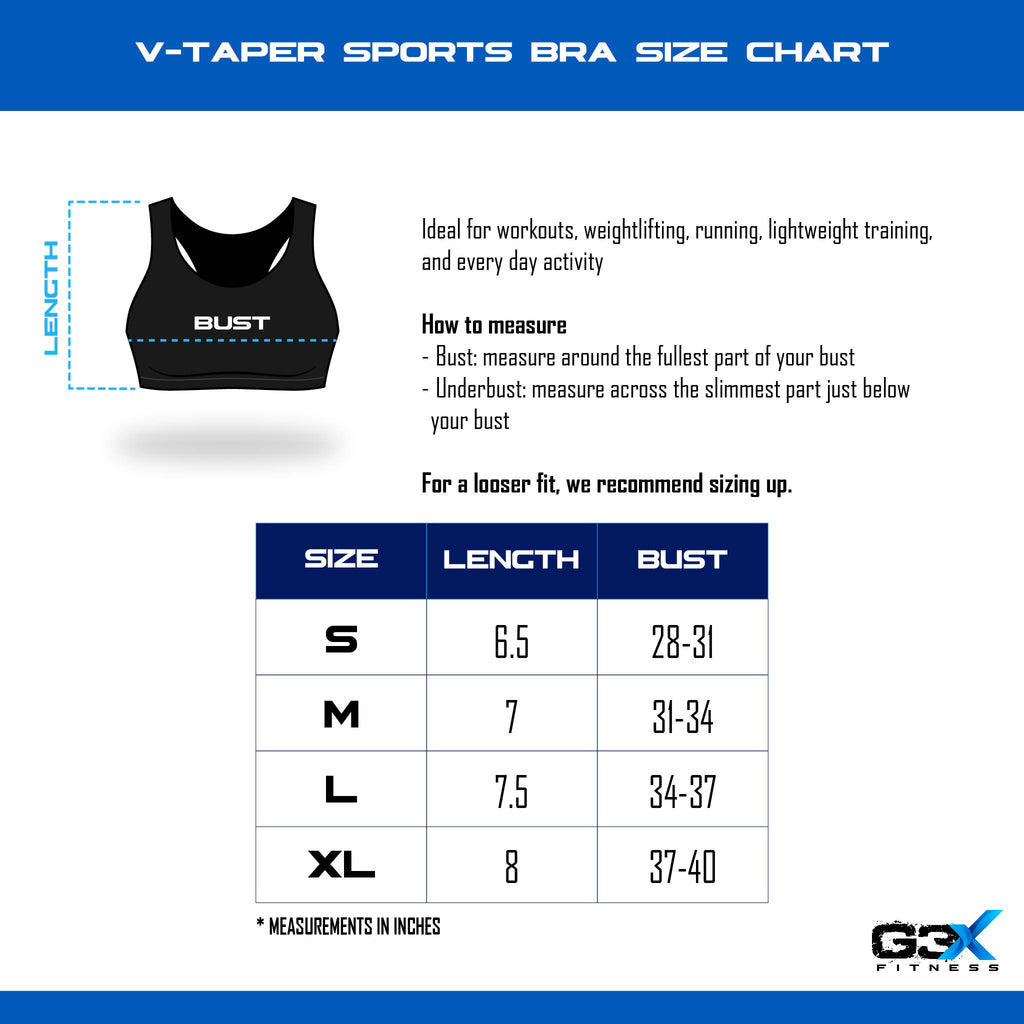 size chart v taper sports bra