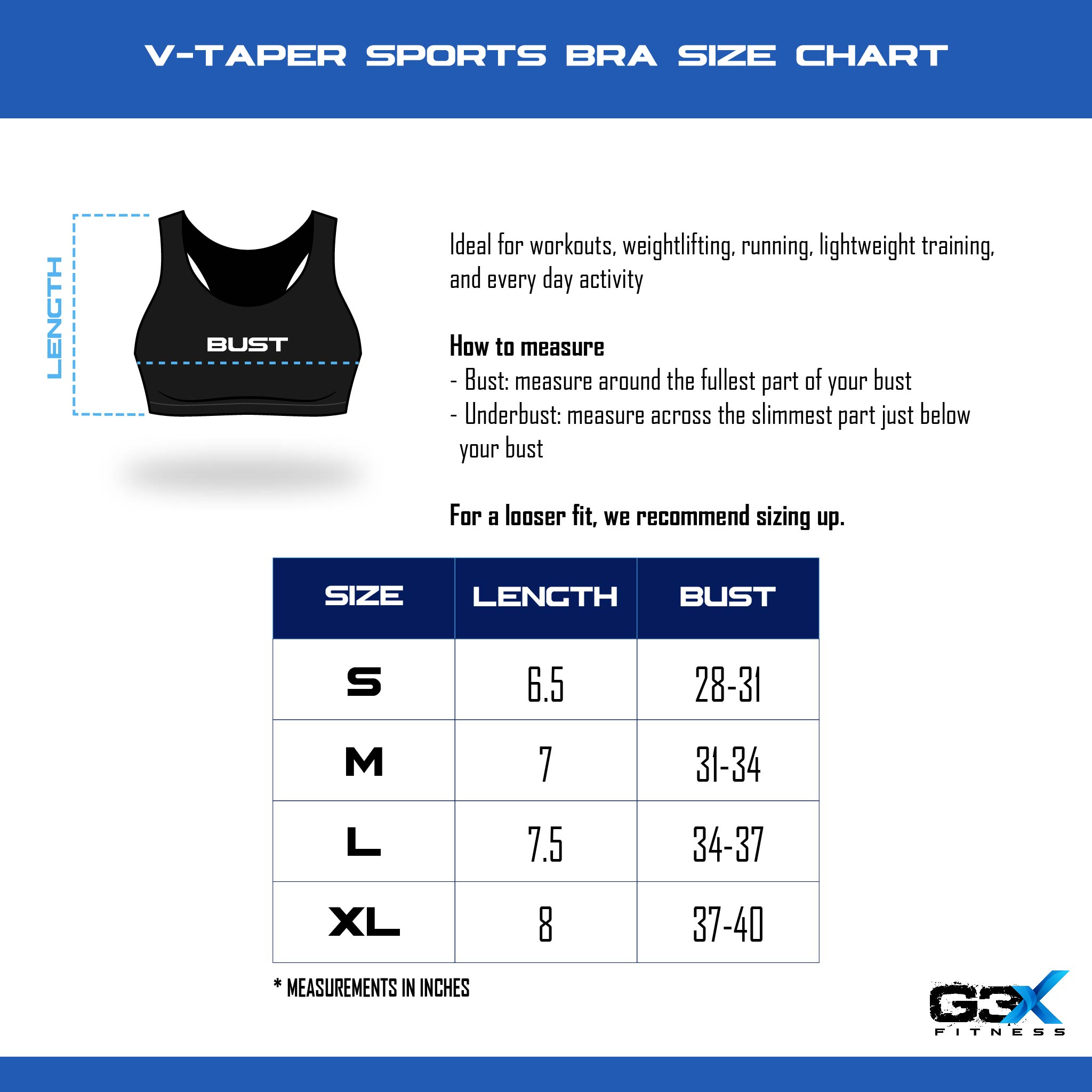 size chart v taper sports bra
